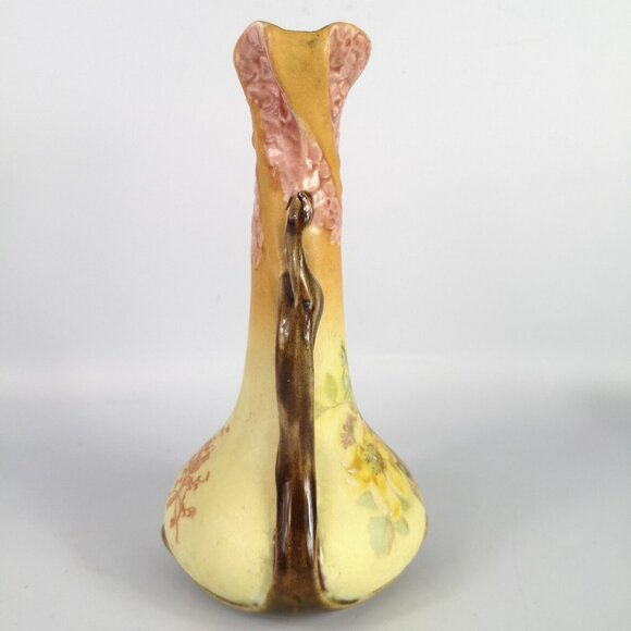 Vintage Miniature Amphora Bud Vase Yellow Pink Brown Floral Teal Inside Boho - Picture 10 of 15